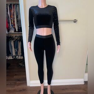 Black Velvet Long-Sleeve Crop Top & Legging Set. Size S. Great Stretch.